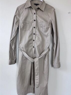 Lands’ End Women’s Size 10 Dress Khaki Tan Button Down Long Sleeve Tie